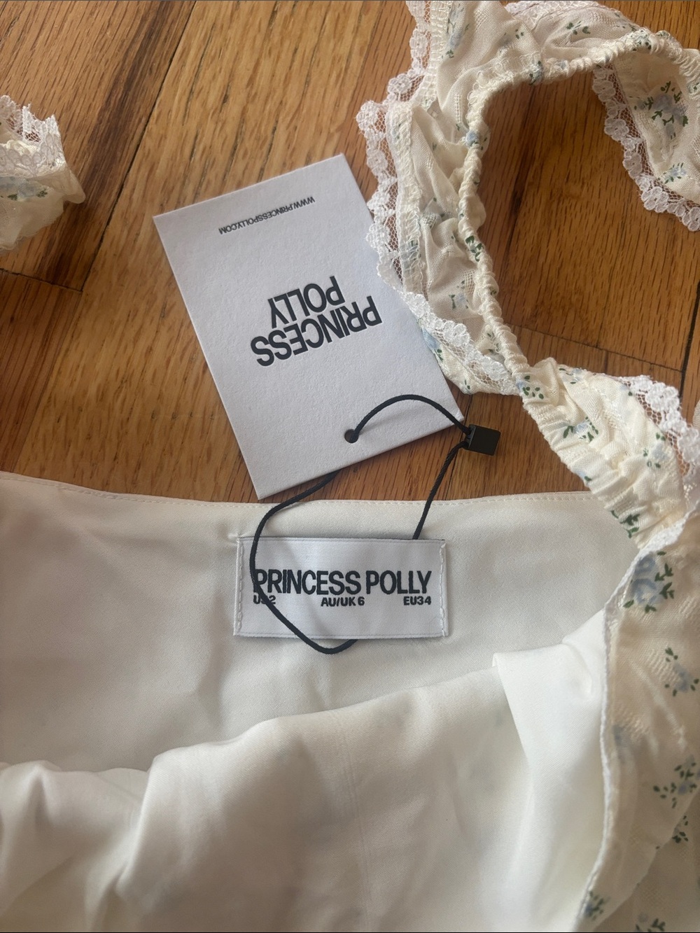 NWT Princess Polly Floral Ruffle Strap Mini Dress - Cream with Light Blue Print - Picture 2 of 3
